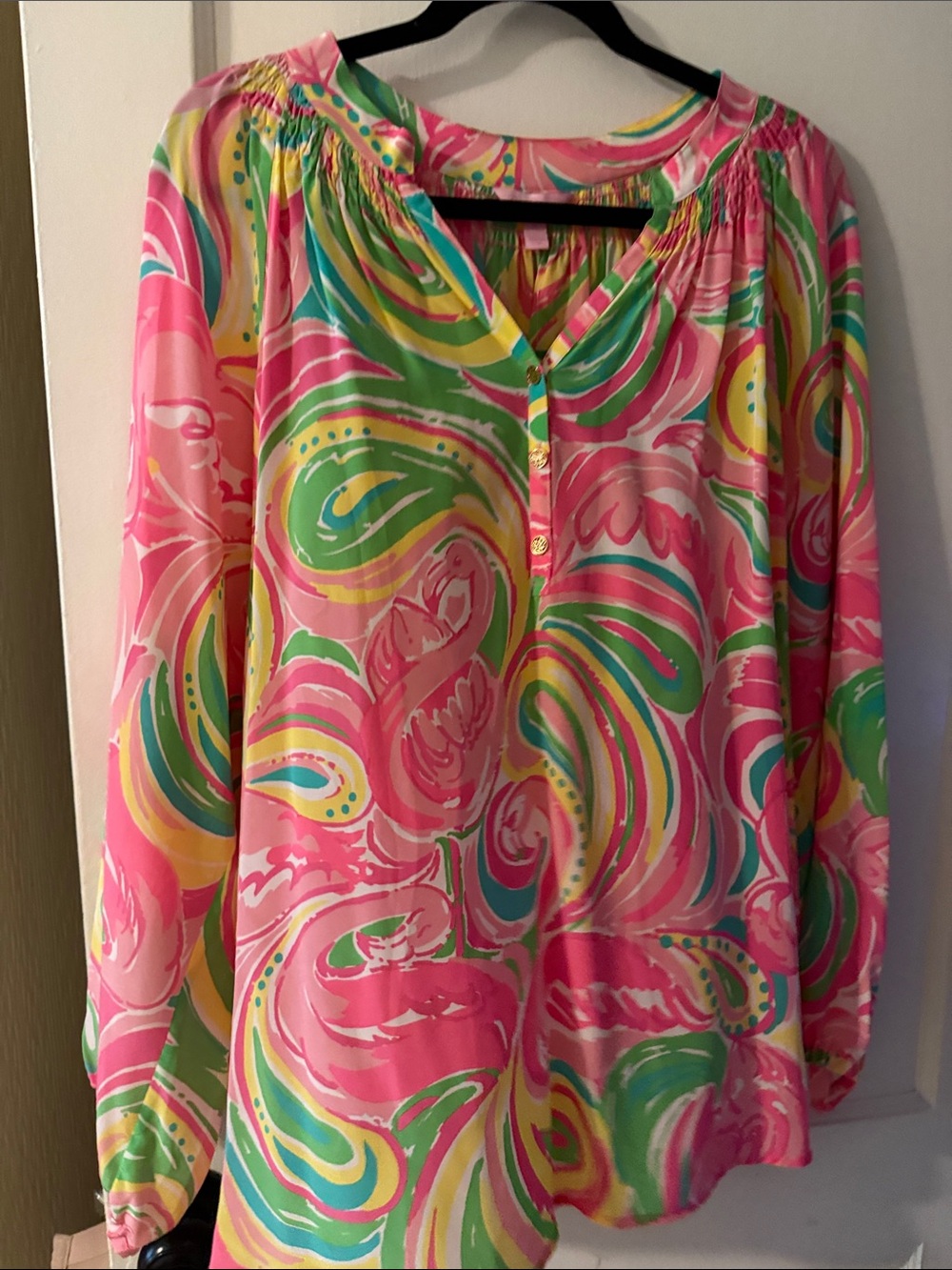 Lilly Pulitzer Elsa Pink Green Yellow Multi-Color Swirl Peasant Top 100% Silk